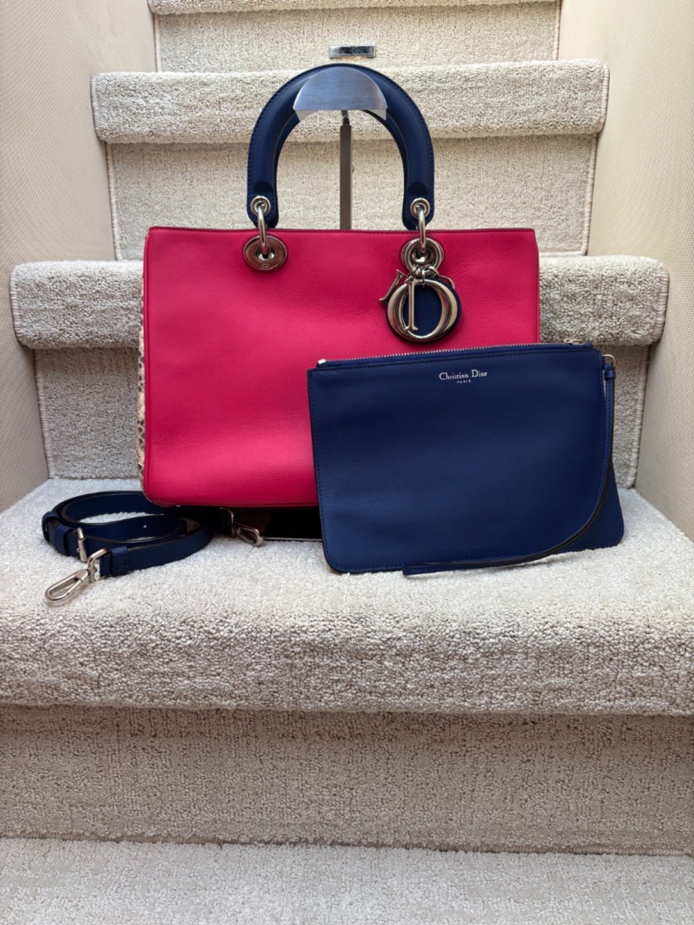 Christian Dior Diorissimo Tote in Hot Pink, Royal Blue & Python Pre-Owned